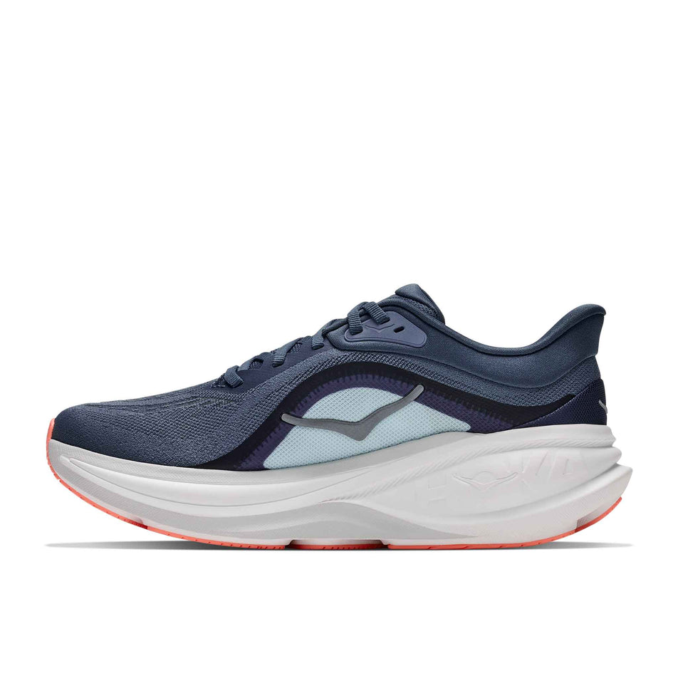 Medial view of the right shoe from a pair of HOKA Women's Clifton Pro Running Shoes in the Faded Navy/Glimmering Blue colourway.