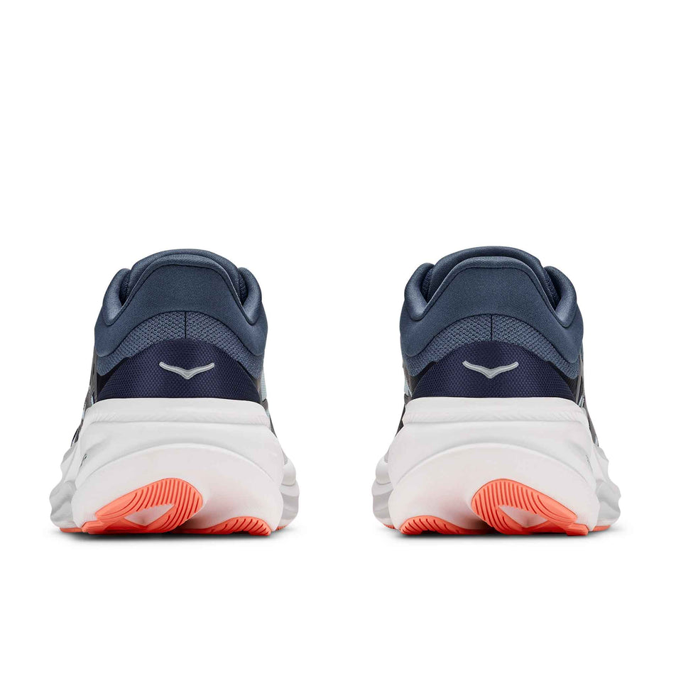 The back of a pair of HOKA Women's Clifton Pro Running Shoes in the Faded Navy/Glimmering Blue colourway.
