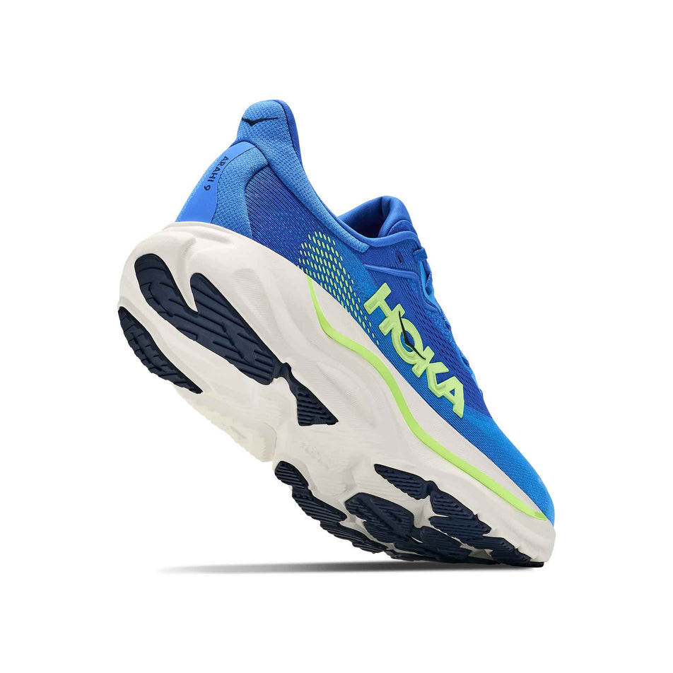 Lateral - and outsole - view of the right shoe from a pair of HOKA Men's Arahi 9 Running Shoes in the Virtual Blue/Soft Cobalt colourway.