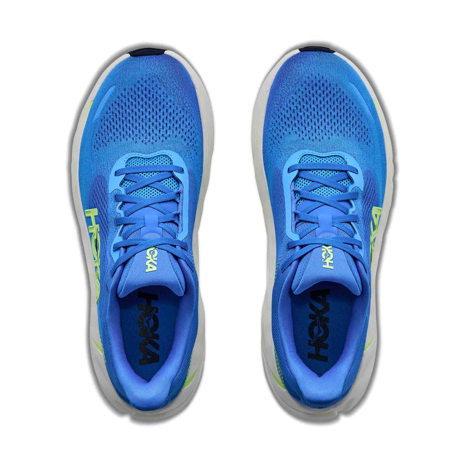 The uppers of a pair of HOKA Men's Arahi 9 Running Shoes in the Virtual Blue/Soft Cobalt colourway.