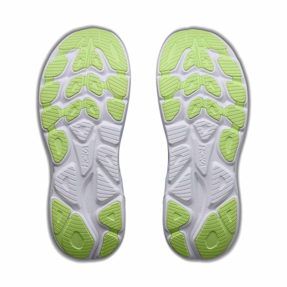 The outsoles of a pair of HOKA Men's Clifton 11 Running Shoes in the Virtual Blue/Soft Cobalt colourway.