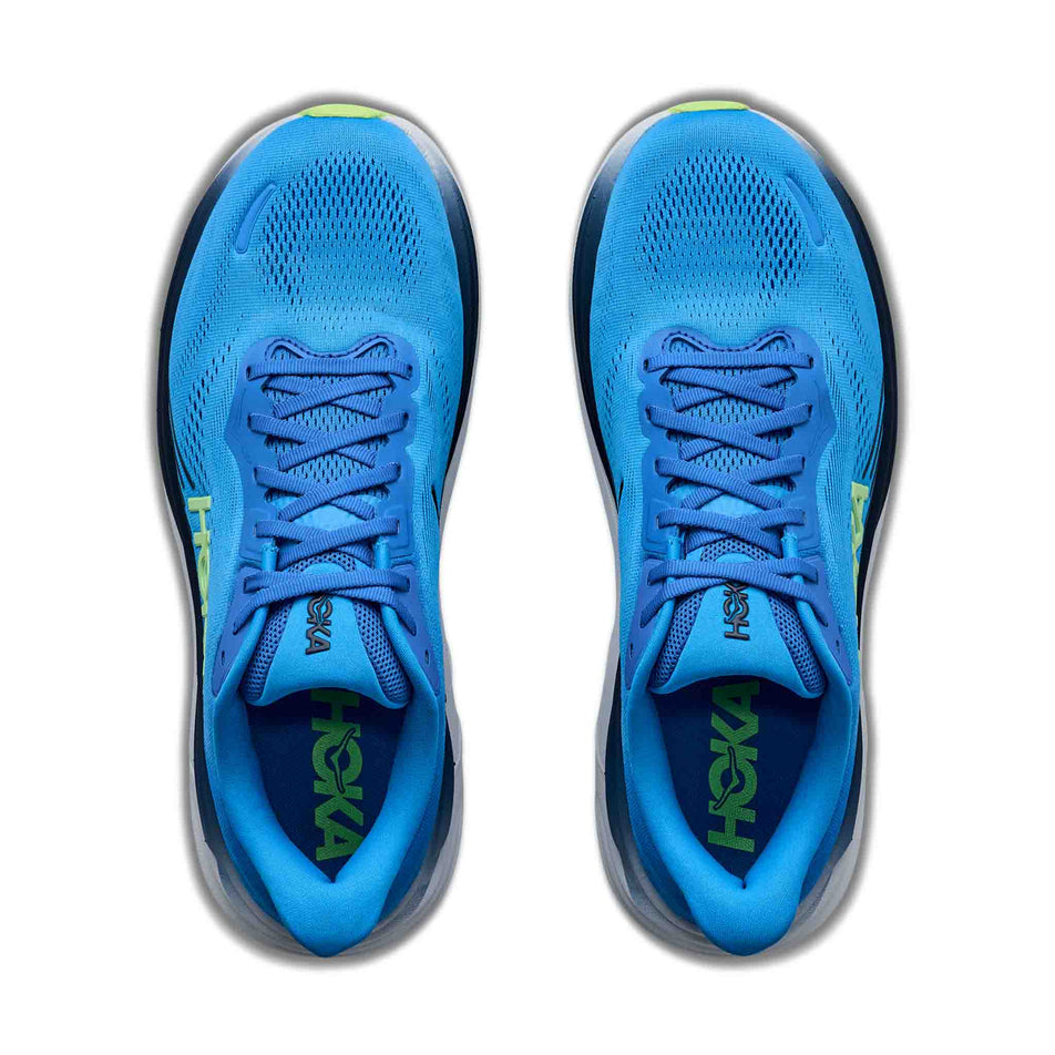 The uppers of a pair of HOKA Men's Clifton 11 Running Shoes in the Virtual Blue/Soft Cobalt colourway.