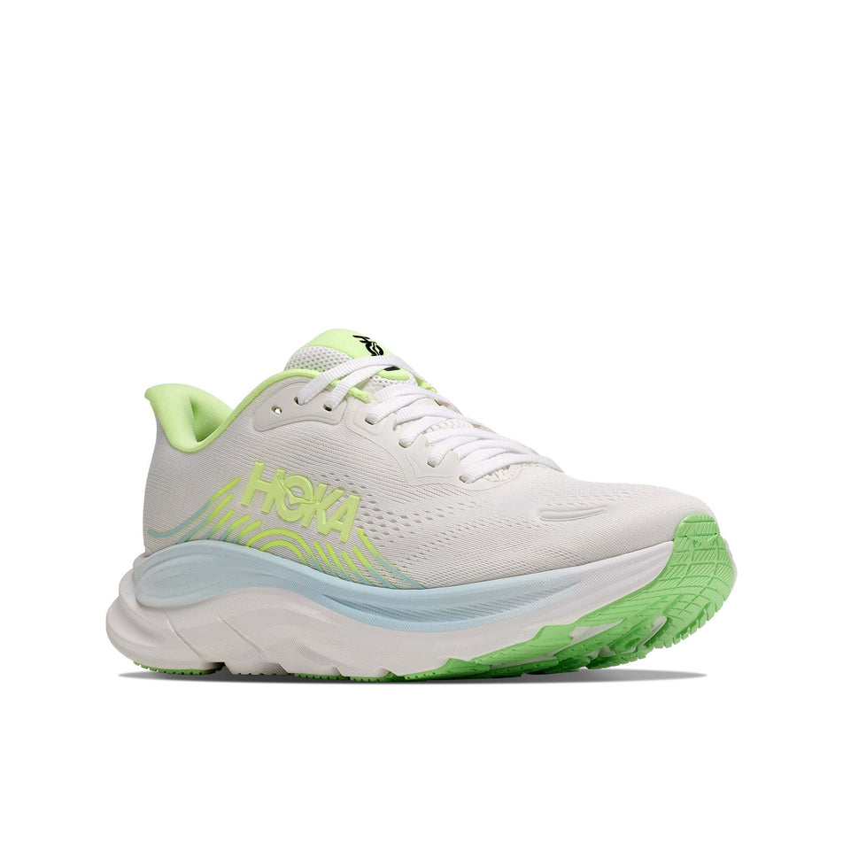 Lateral view of the right shoe from a pair of HOKA Women's Clifton 11 Running Shoes in the Frost/Neon Yuzu colourway.