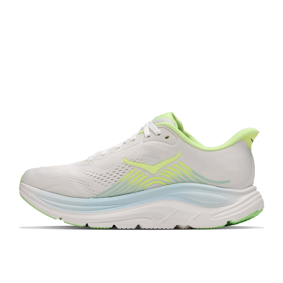 Medial view of the right shoe from a pair of HOKA Women's Clifton 11 Running Shoes in the Frost/Neon Yuzu colourway.