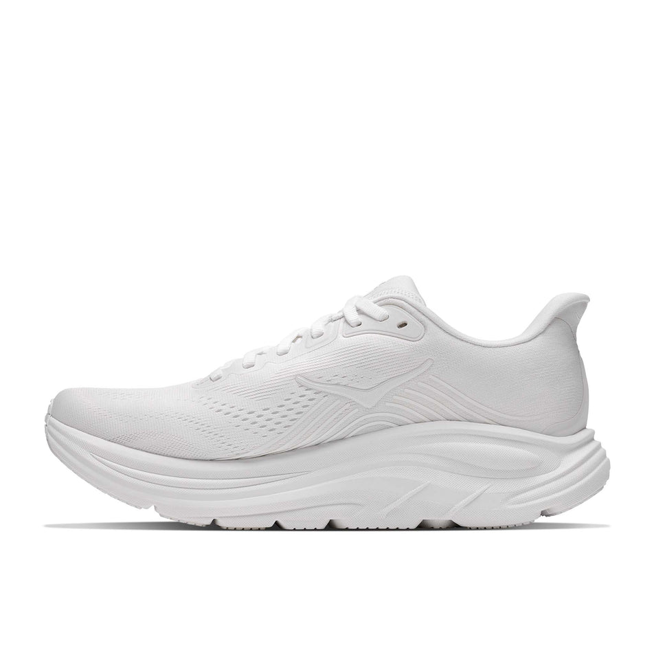 Medial view of the right shoe from a pair of HOKA Women's Clifton 11 Running Shoes in the White/White colourway.