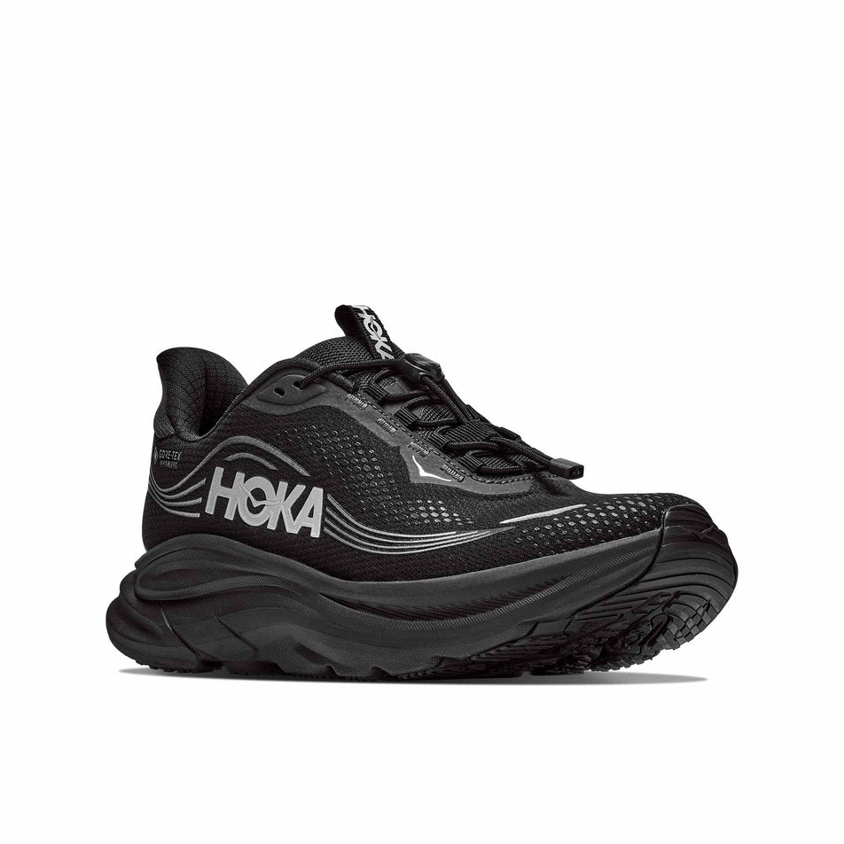 Lateral view of the right shoe from a pair of HOKA Men's Clifton 11 GTX Running Shoes in the Black/Black colourway.