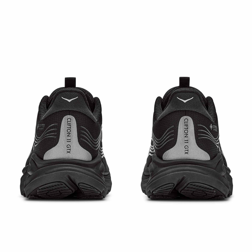 The back of a pair of HOKA Men's Clifton 11 GTX Running Shoes in the Black/Black colourway.