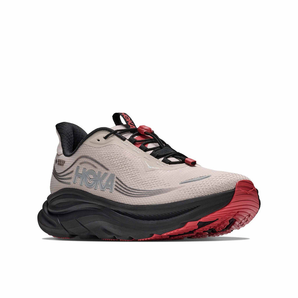 Lateral view of the right shoe from a pair of HOKA Men's Clifton 11 GTX Running Shoes in the River Rock Grey/Carbon Black colourway.