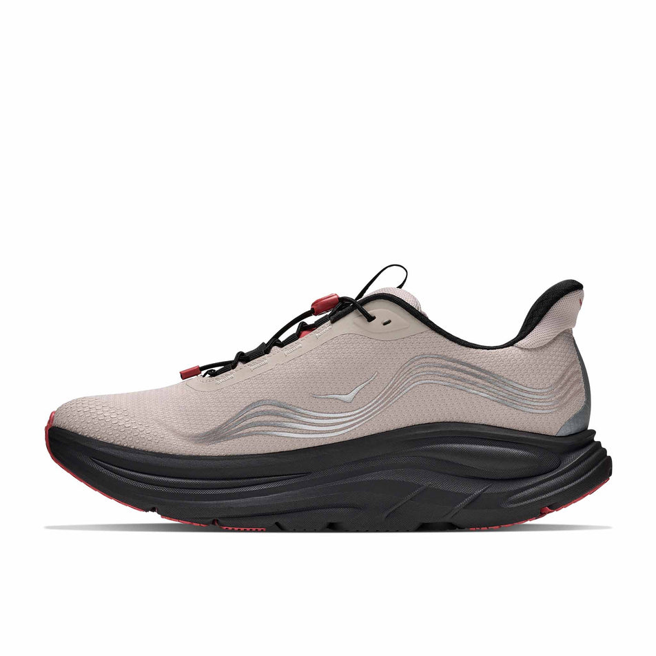 Medial view of the right shoe from a pair of HOKA Men's Clifton 11 GTX Running Shoes in the River Rock Grey/Carbon Black colourway.