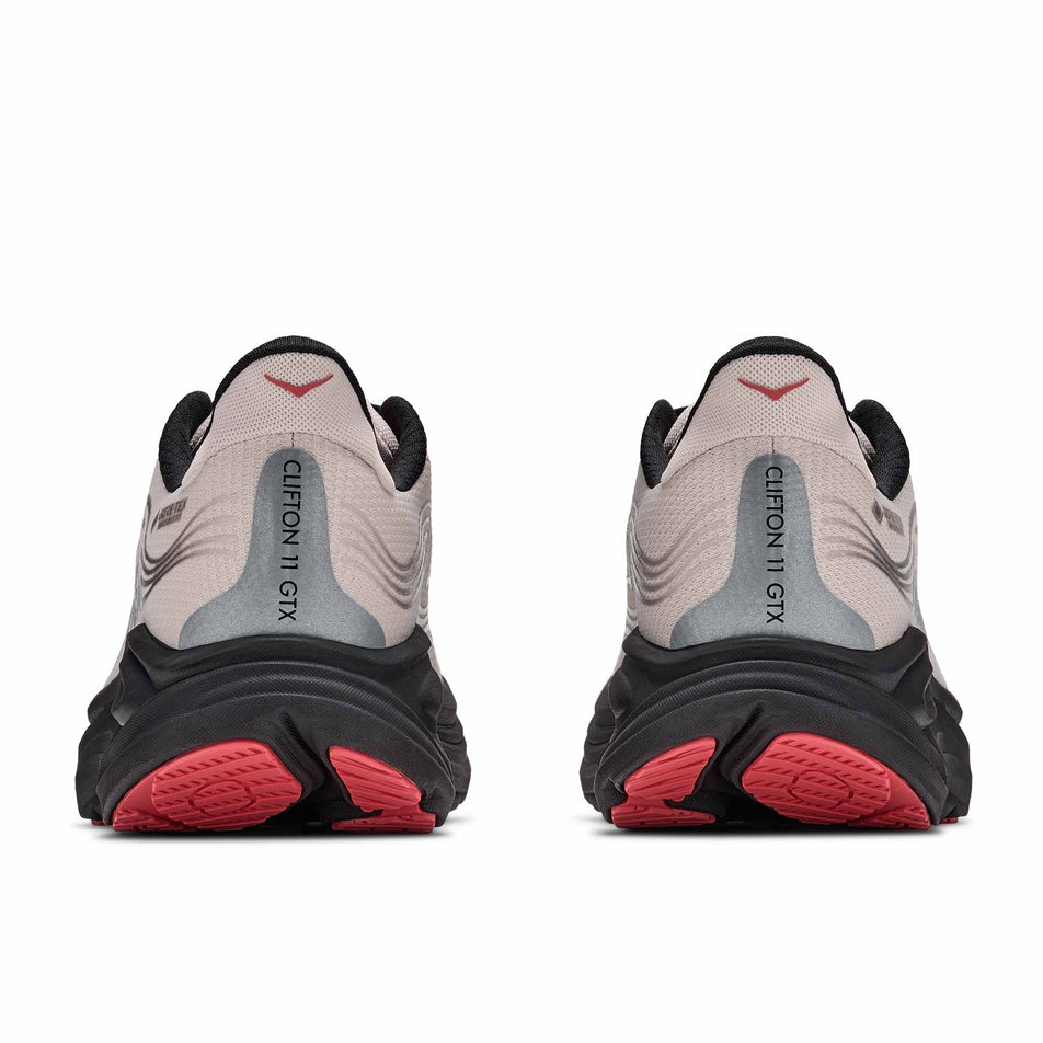 The back of a pair of HOKA Men's Clifton 11 GTX Running Shoes in the River Rock Grey/Carbon Black colourway.