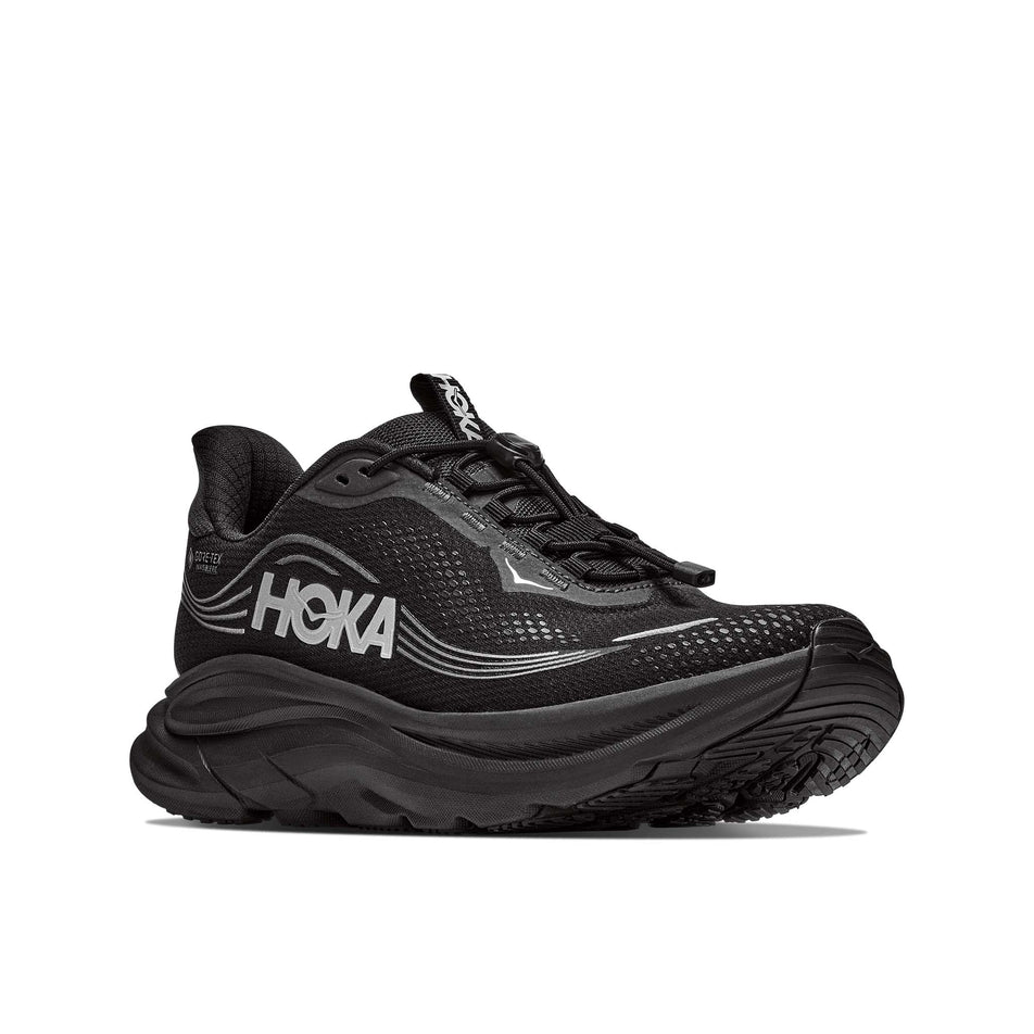 Lateral view of the right shoe from a pair of HOKA Women's Clifton 11 GTX Running Shoes in the Black/Black colourway.