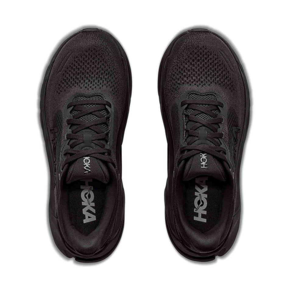 The uppers of a pair of HOKA Women's Arahi 9 Wide Running Shoes in the Black/Black colourway.