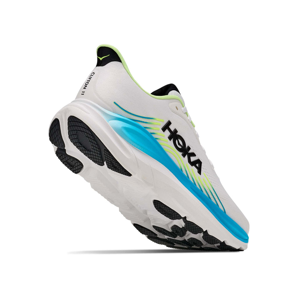Lateral - and outsole - view of the right shoe from a pair of HOKA Men's Clifton 11 Wide Running Shoes in the Frost/Black colourway.