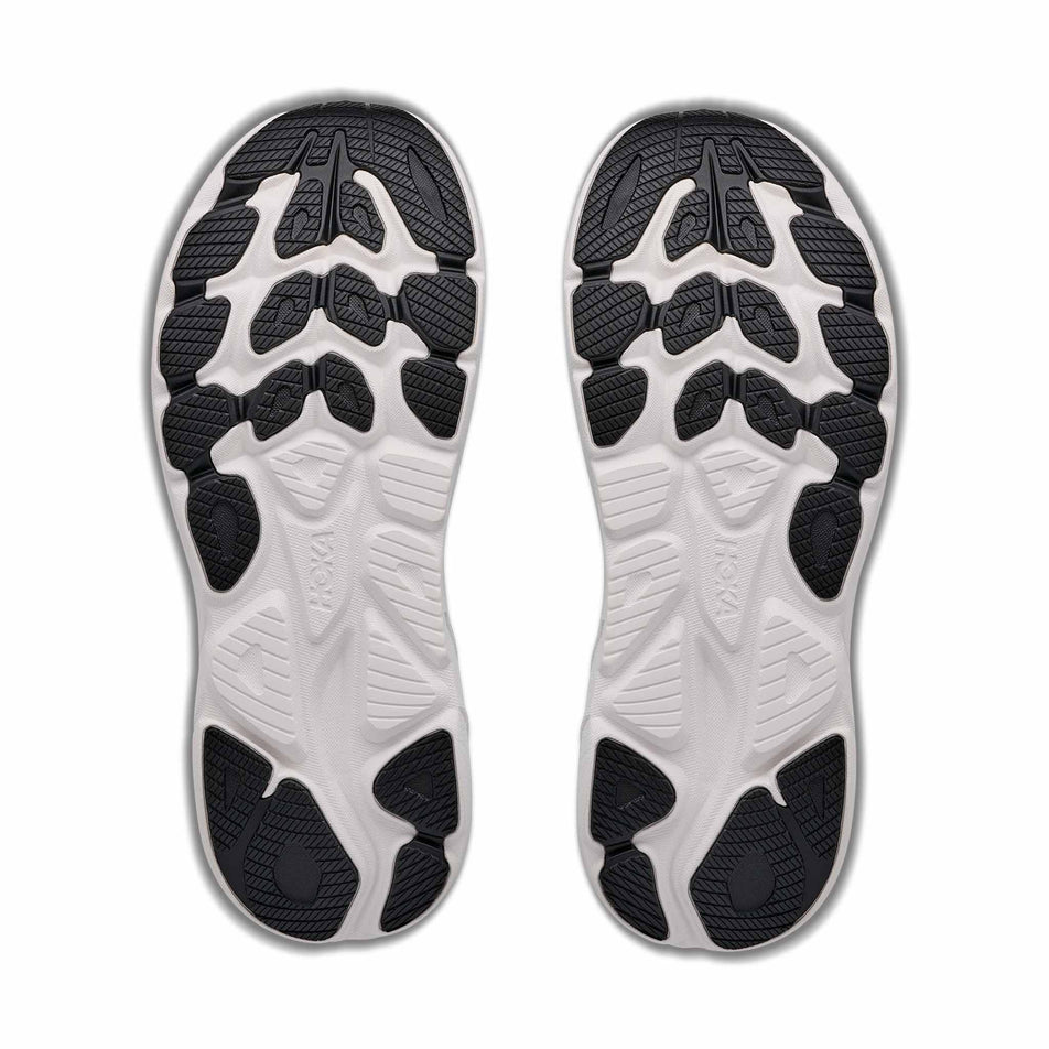 The outsoles of a pair of HOKA Men's Clifton 11 Wide Running Shoes in the Frost/Black colourway.