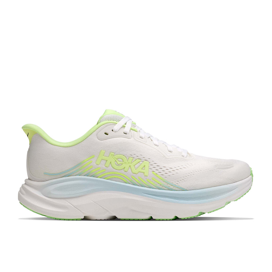 Lateral view of the right shoe from a pair of HOKA Women's Clifton 11 Wide Running Shoes in the Frost/Neon Yuzu colourway.