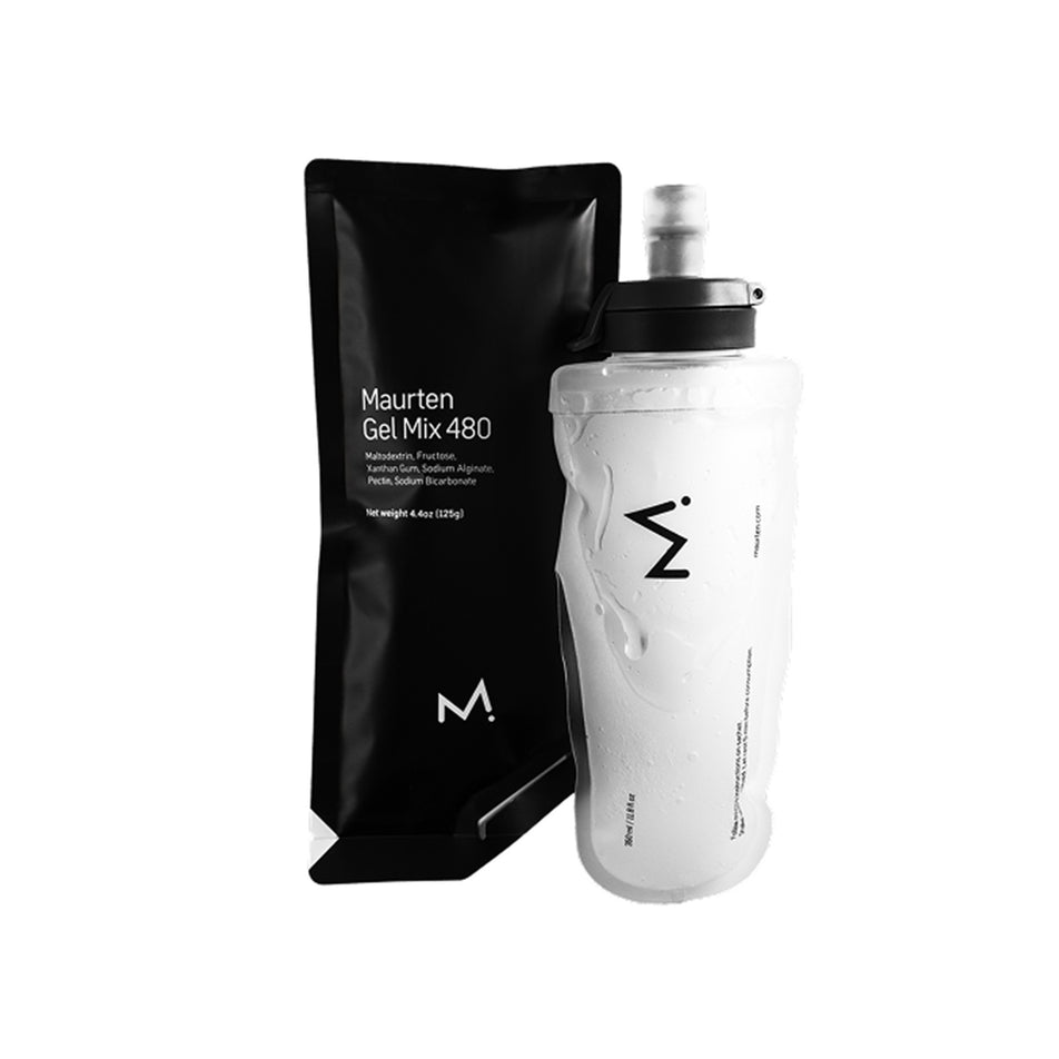The Maurten Gel Mix Flask 350ml next to a sachet of Maurten Gel Mix 480.