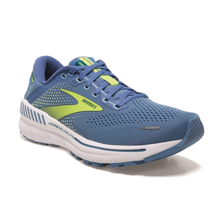 Front-lateral side of the right shoe from a pair of Brooks  Women's Adrenaline GTS 22 Running Shoes in the Silver Lake/Blue Green colourway (7930185515170)