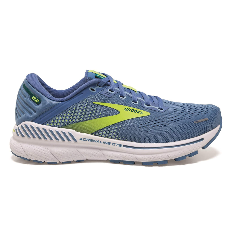 Lateral side of the right shoe from a pair of Brooks  Women's Adrenaline GTS 22 Running Shoes in the Silver Lake/Blue Green colourway (7930185515170)