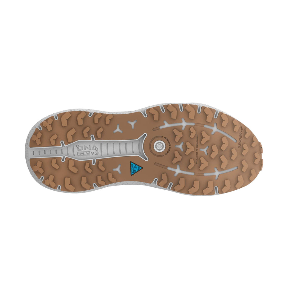 The outsole of the right shoe from a pair of Brooks Women's Caldera 6 Running Shoes in the Peacoat/Bittersweet/Navy colourway (7904454803618)