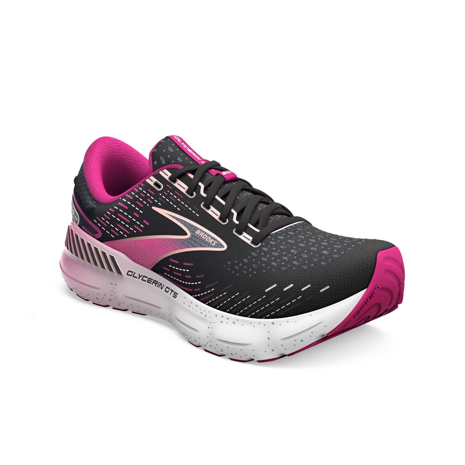 Lateral side of the right shoe from a pair of Brooks Women's Glycerin GTS 20 Running Shoes in the Black/Fuchsia/Linen colourway (7904438190242)