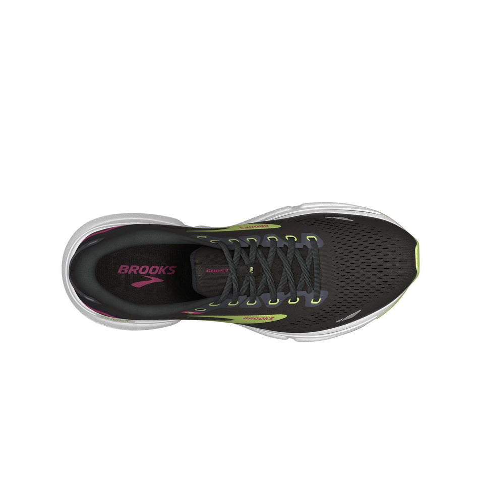 The upper of the right shoe from a pair of Brooks Women's Ghost 15 Running Shoes in the Black/Ebony/Sharp Green colourway (7904394969250)
