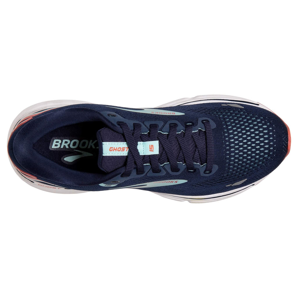The upper of the right shoe from a pair of Brooks Women's Ghost 15 Running Shoes in the Peacoat/Canal Blue/Rose colourway (8113648926882)