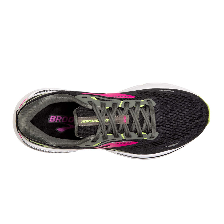 The upper of the right shoe from a pair of Brooks Women's Adrenaline GTS 23 1D Running Shoes in the Black/Gunmetal/Sharp green Colourway (7904430391458)
