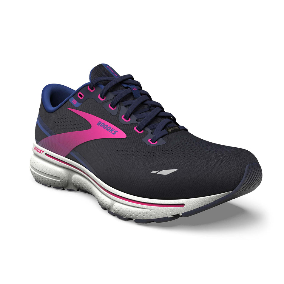 Lateral side of the left shoe from a pair of Brooks Women's Ghost 15 GORE-TEX Running Shoes in the Peacoat/Blue/Pink colourway  (7904410697890)