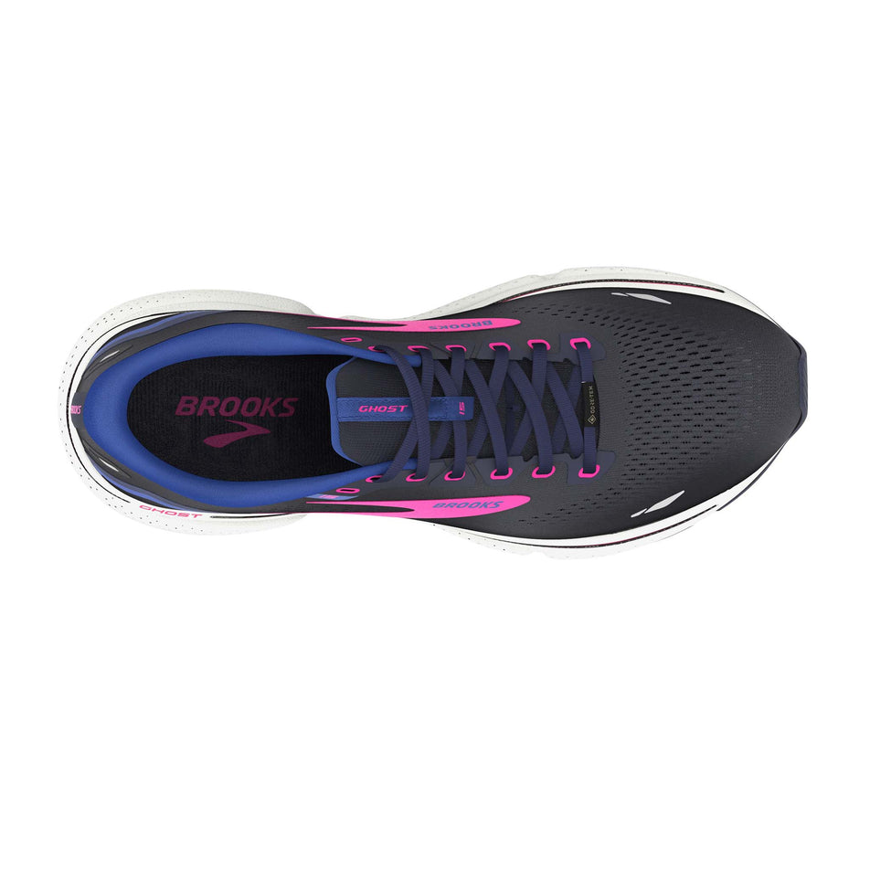 The upper of the left shoe from a pair of Brooks Women's Ghost 15 GORE-TEX Running Shoes in the Peacoat/Blue/Pink colourway  (7904410697890)