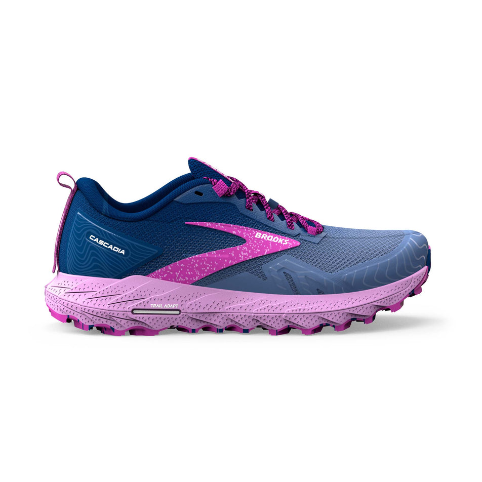 Lateral side of the right shoe from a pair of Brooks Women's Cascadia 17 Running Shoes in the Navy/Purple/Violet colourway (7904446120098)