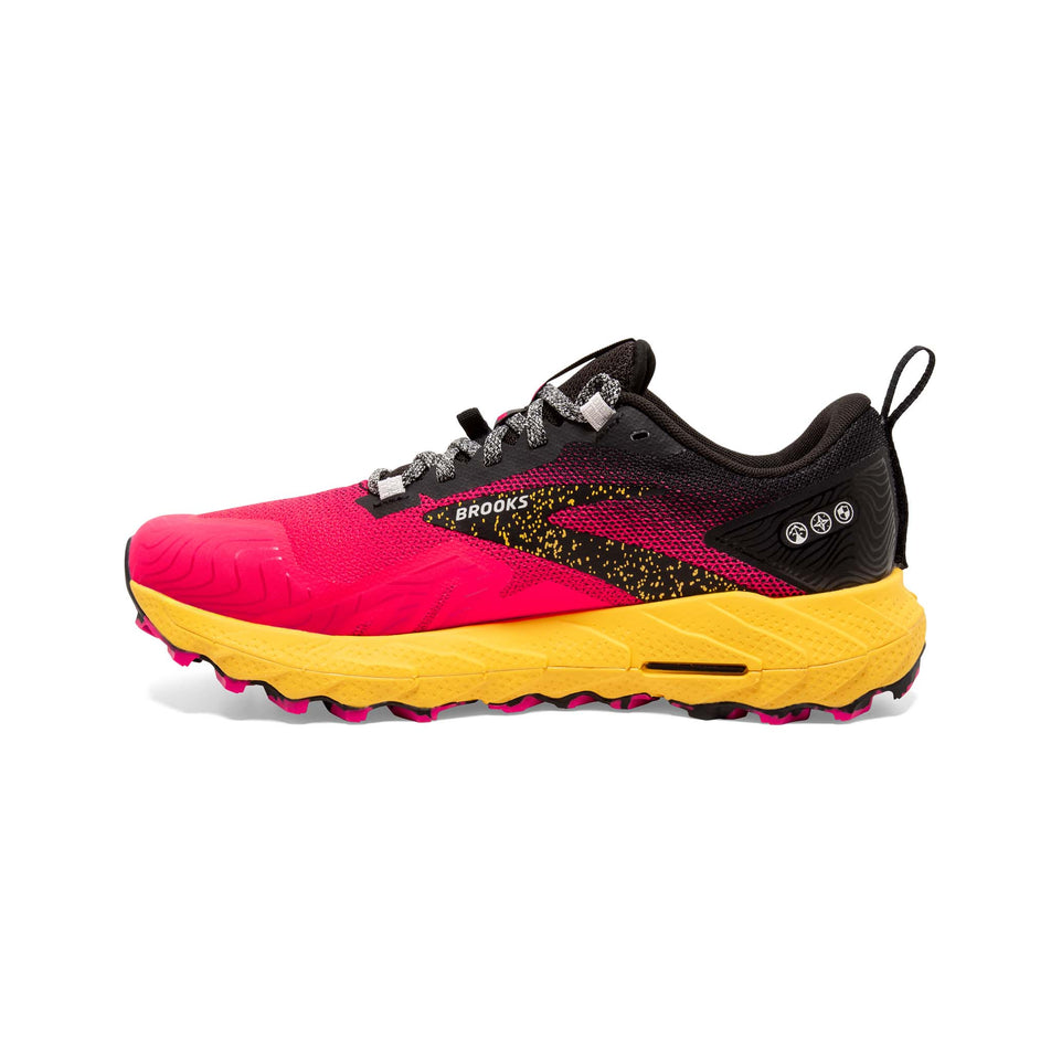 Medial side of the right shoe from a pair of Brooks Women's Cascadia 17 Running Shoes in the Diva Pink/Black/Lemon Chrome colourway (8114246811810)
