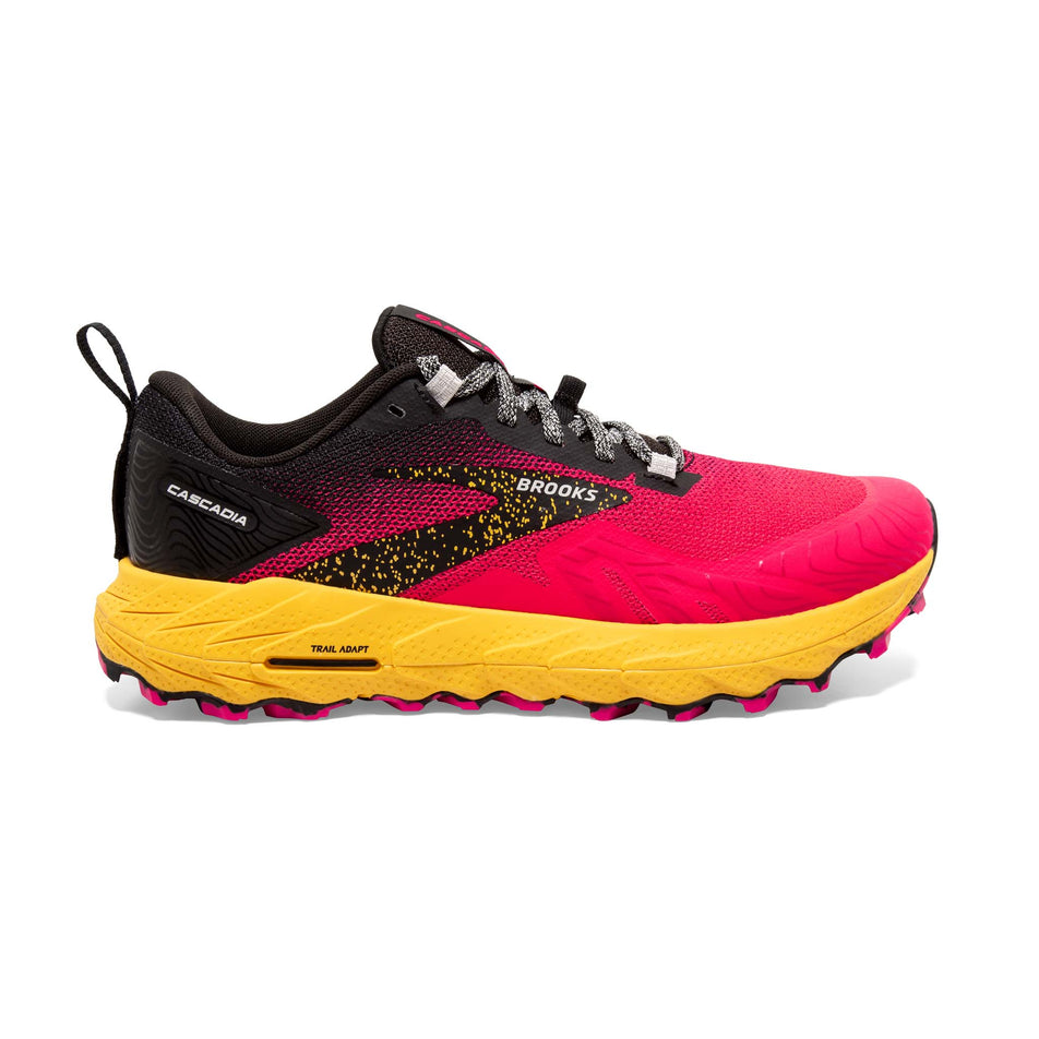 Lateral side of the right shoe from a pair of Brooks Women's Cascadia 17 Running Shoes in the Diva Pink/Black/Lemon Chrome colourway (8114246811810)