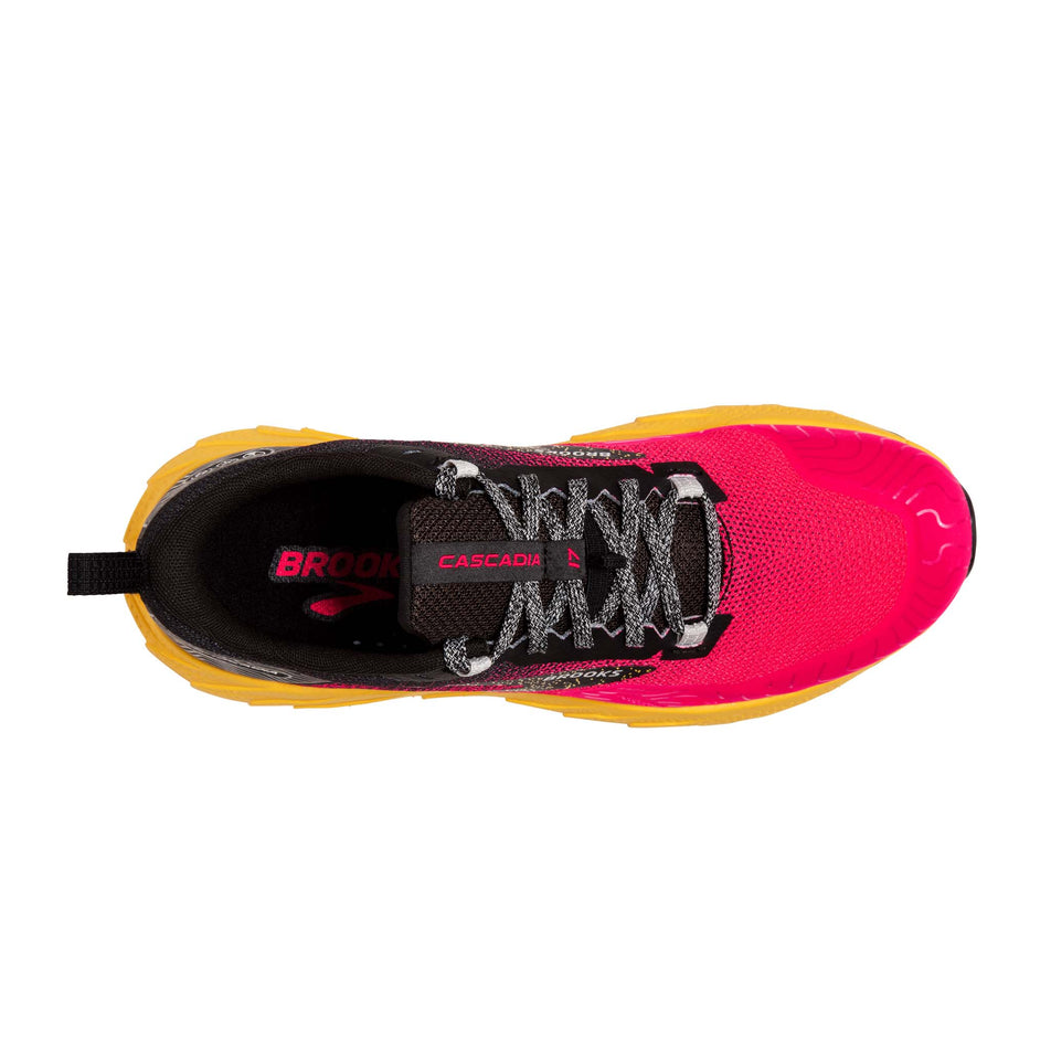 Upper of the right shoe from a pair of Brooks Women's Cascadia 17 Running Shoes in the Diva Pink/Black/Lemon Chrome colourway (8114246811810)
