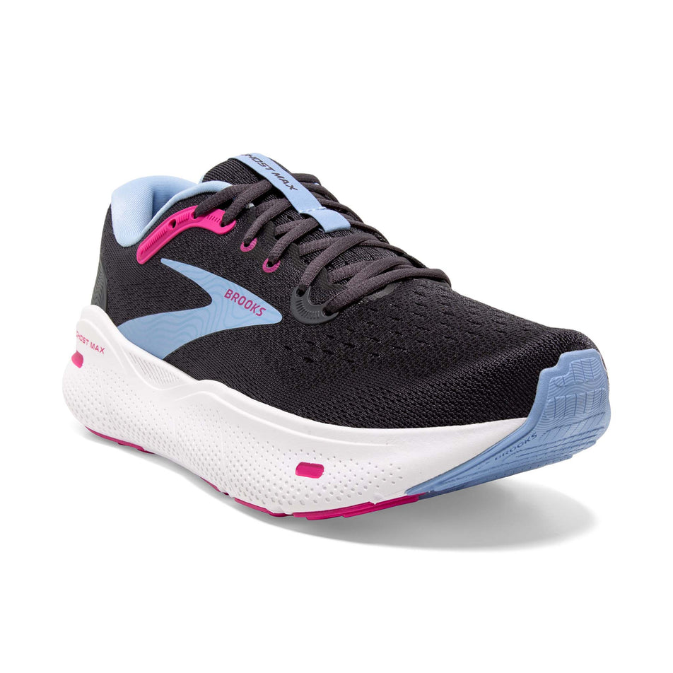 Lateral side of the right shoe from a pair of Brooks Women's Ghost Max Running Shoes in the Ebony/Open Air/Lilac Rose colourway (8114239045794)