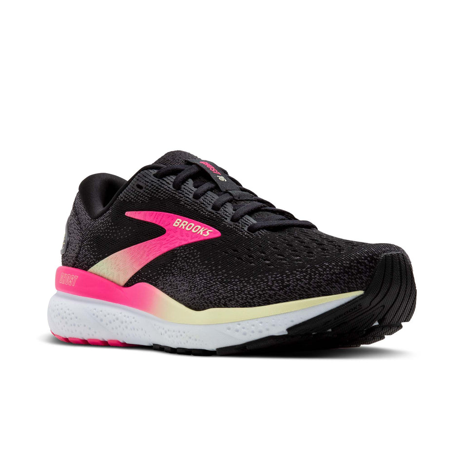 Lateral side of the right shoe from a pair of Brooks Women's Ghost 16 Running Shoes in the Black/Pink/Yellow colourway (8339215253666)