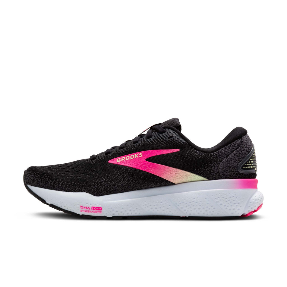 Medial side of the right shoe from a pair of Brooks Women's Ghost 16 Running Shoes in the Black/Pink/Yellow colourway (8339215253666)