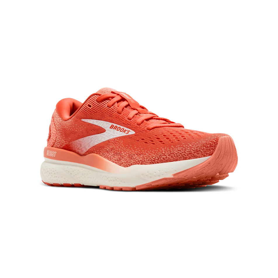 Lateral view of the right shoe from a pair of Brooks Women's Ghost 16 Running Shoes in the Coral/Desert Flower/Coconut colourway. (8556686114978)