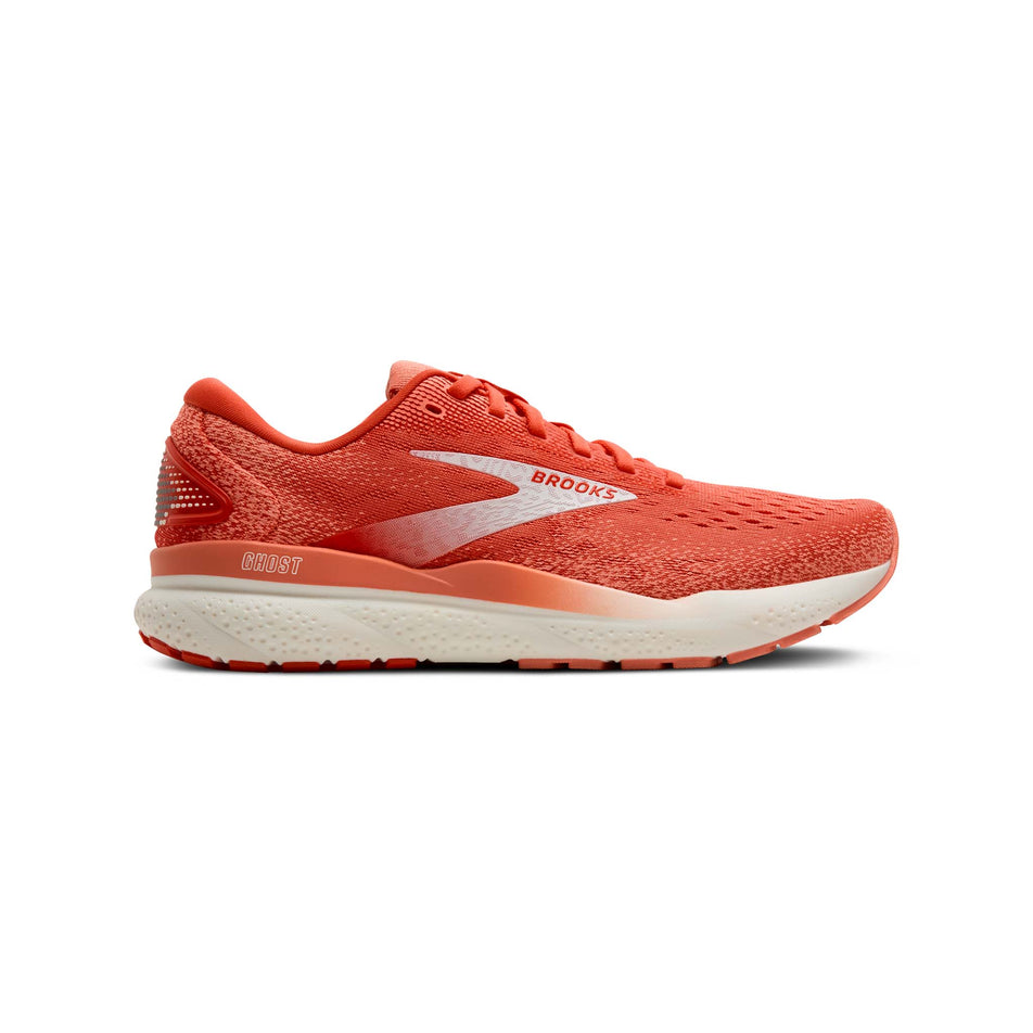 Lateral side of the right shoe from a pair of Brooks Women's Ghost 16 Running Shoes in the Coral/Desert Flower/Coconut colourway. (8556686114978)
