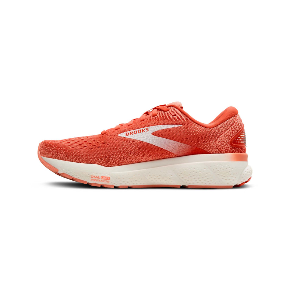 Medial side of the right shoe from a pair of Brooks Women's Ghost 16 Running Shoes in the Coral/Desert Flower/Coconut colourway. (8556686114978)