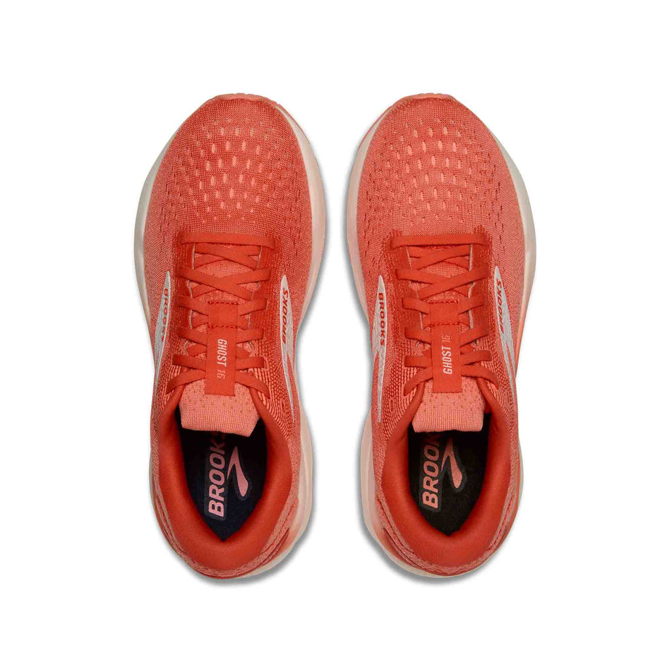 The uppers on a pair of Brooks Women's Ghost 16 Running Shoes in the Coral/Desert Flower/Coconut colourway. (8556686114978)