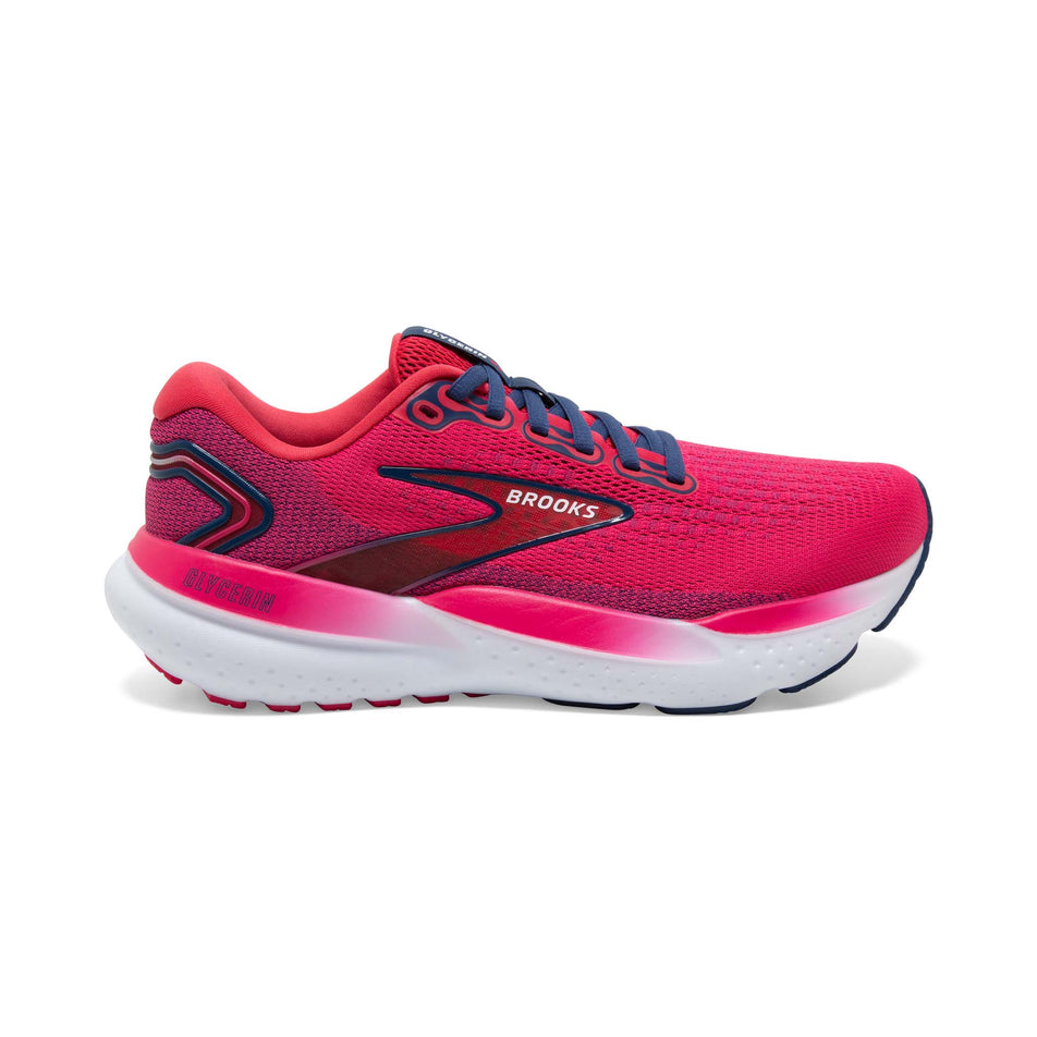 Lateral side of the right shoe from a pair of Brooks Women's Glycerin 21 Running Shoes in the Raspberry/Estate Blue colourway (8153517424802)