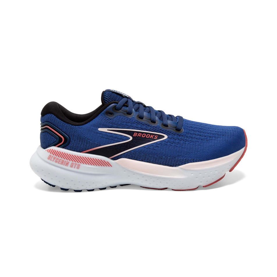 Lateral side of the right shoe from a pair of Brooks Women's Glycerin GTS 21 Running Shoes in the Blue/Icy Pink/Rose colourway (8153518276770)