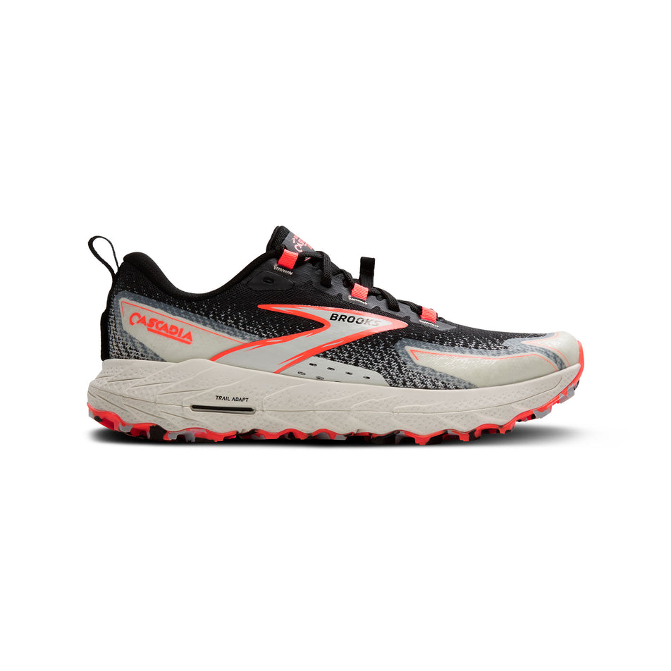 Lateral side of the right shoe from a pair of Brooks Women's Cascadia 18 Running Shoes in the Legion Black/Blue Wash/Flame colourway. (8556654362786)