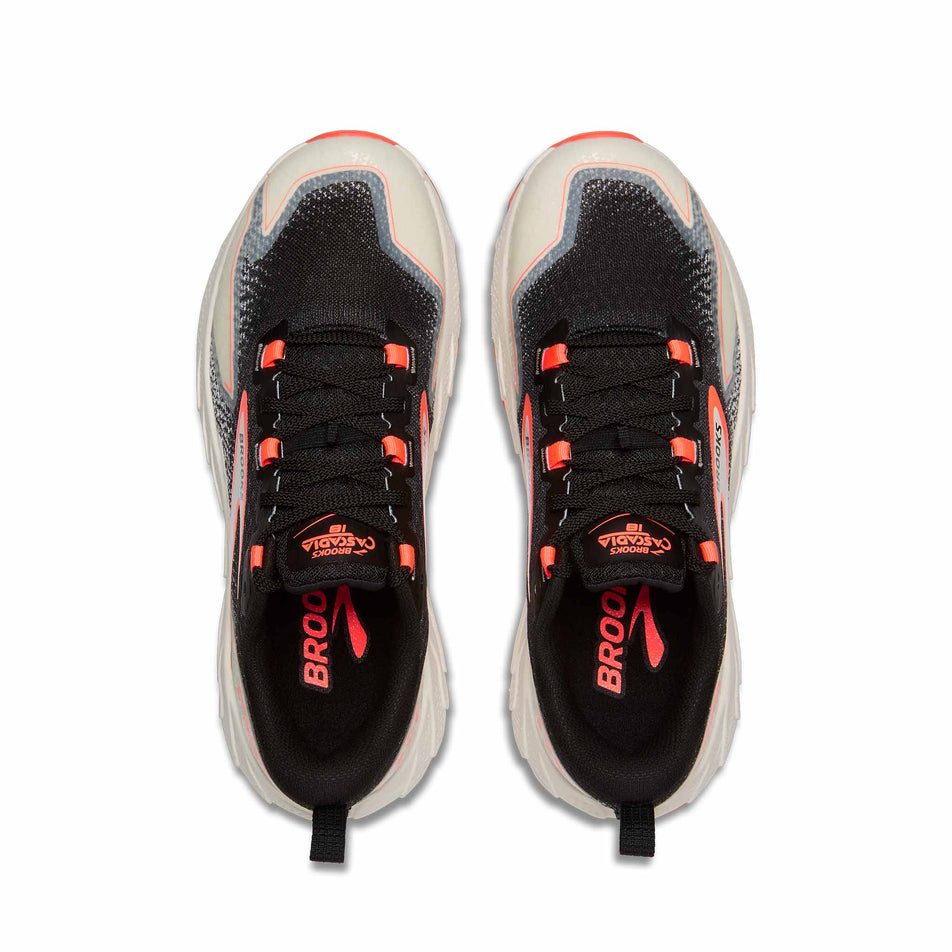 The uppers on a pair of Brooks Women's Cascadia 18 Running Shoes in the Legion Black/Blue Wash/Flame colourway. (8556654362786)
