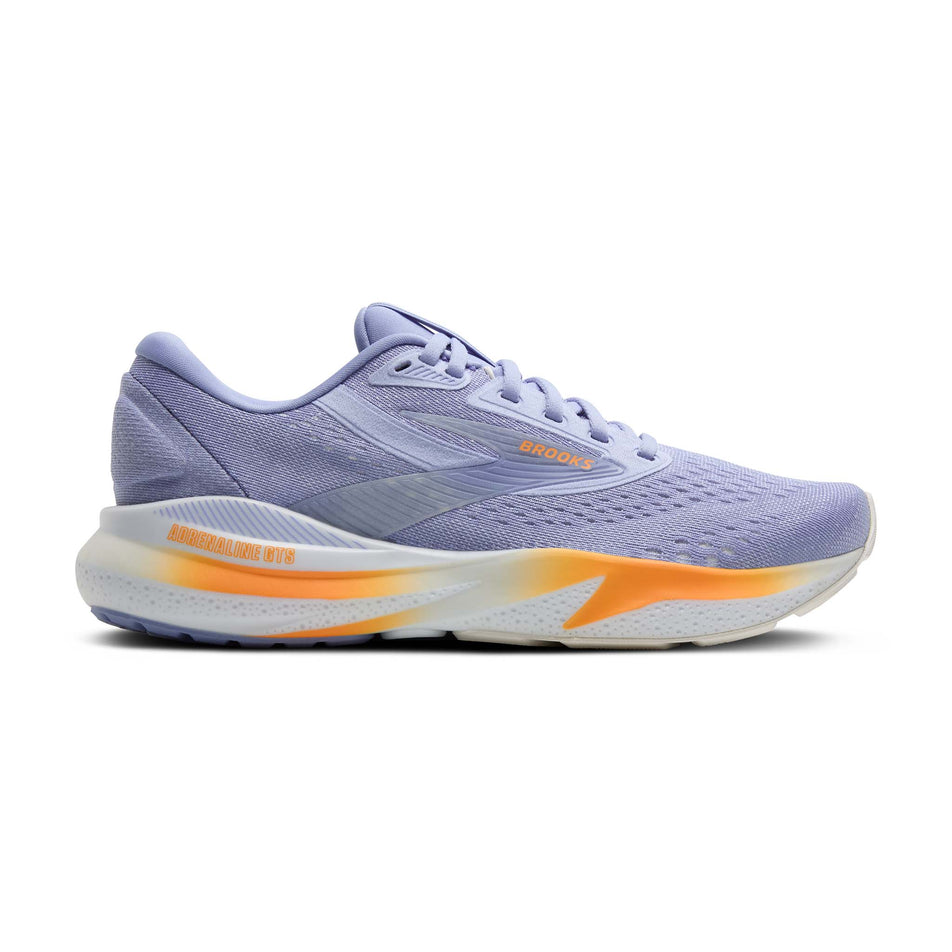 Lateral view of the right shoe from a pair of Brooks Women's Adrenaline GTS 24 Running Shoes in the Blue Heron/White/Orange colourway. (8651206230178)