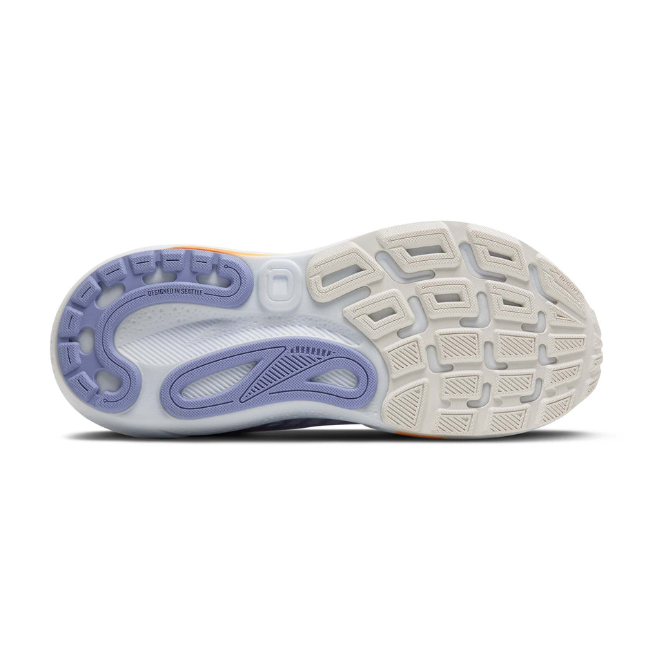 The outsole of the right shoe from a pair of Brooks Women's Adrenaline GTS 24 Running Shoes in the Blue Heron/White/Orange colourway. (8651206230178)