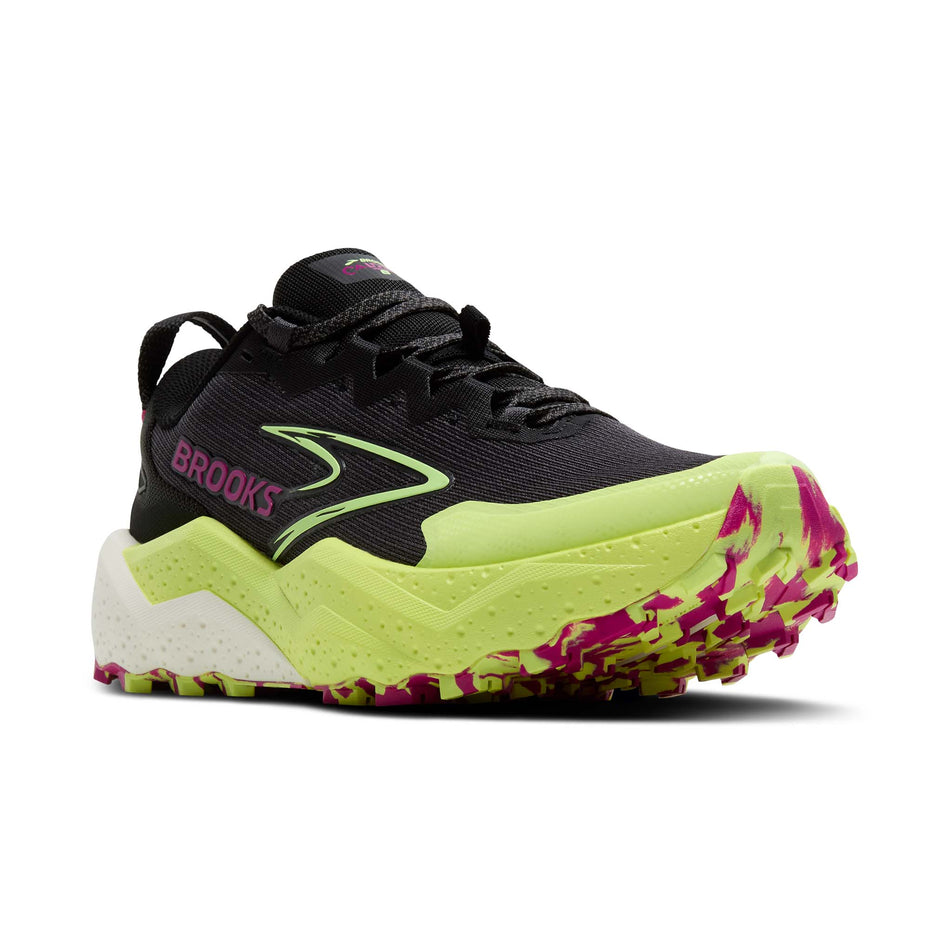 Lateral view of the right shoe from a pair of Brooks Women's Caldera 8 Running Shoes in the Grey/Black/Lime colourway. (8651213340834)
