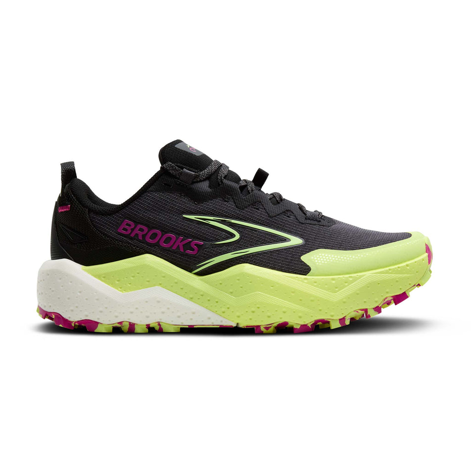 Lateral view of the right shoe from a pair of Brooks Women's Caldera 8 Running Shoes in the Grey/Black/Lime colourway. (8651213340834)