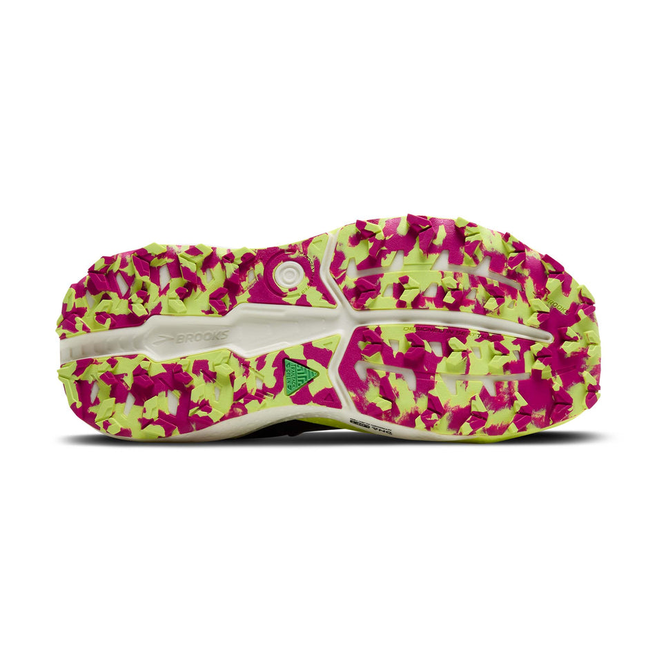 The outsole of the right shoe from a pair of Brooks Women's Caldera 8 Running Shoes in the Grey/Black/Lime colourway. (8651213340834)