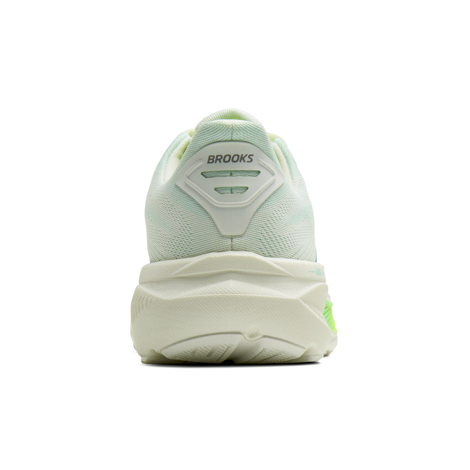 The back of the right shoe from a pair of Brooks Women's Ghost 17 Running Shoes in the Bluewash/Nightlife Yucca colourway.